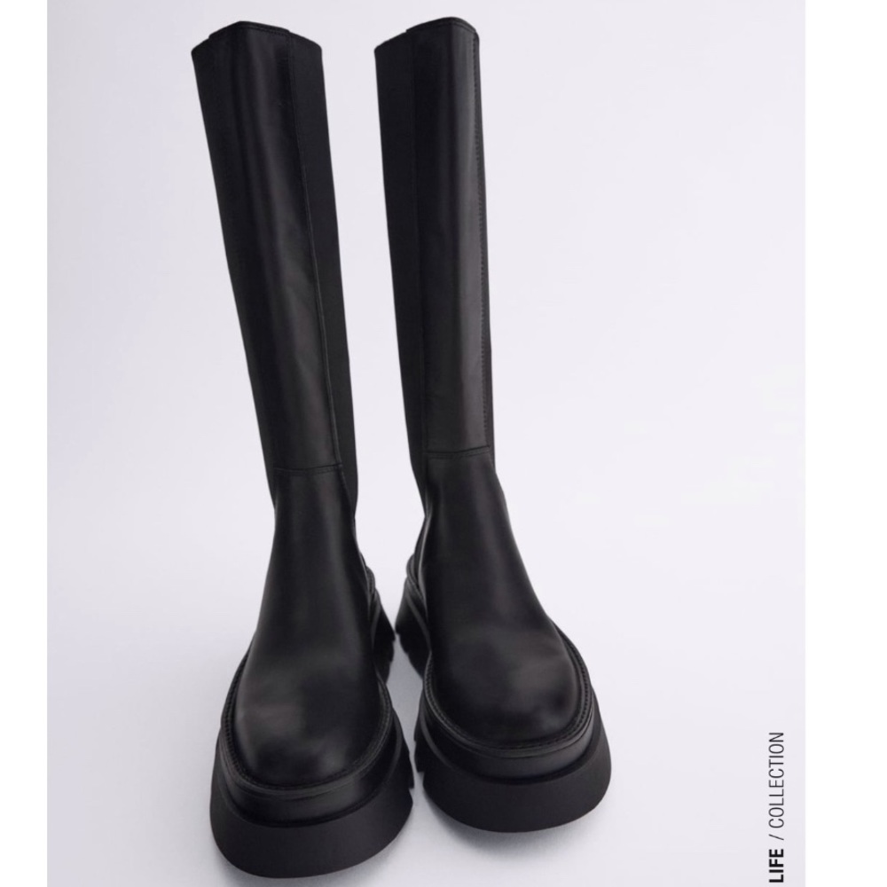 Zara black leather lug sole knee high boots